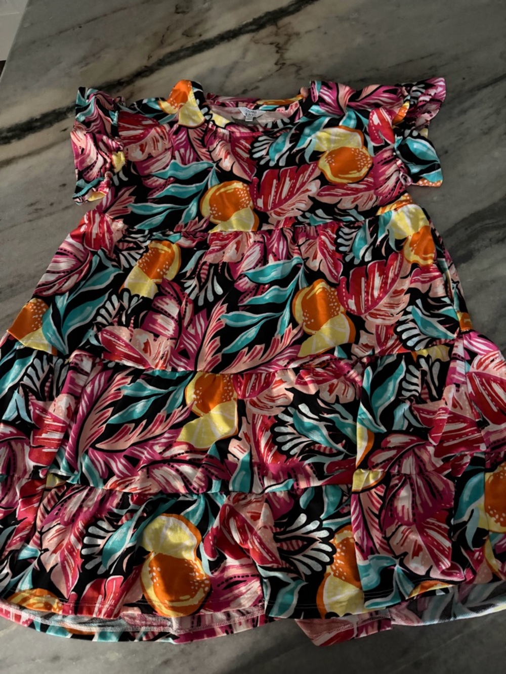 Girls' Tropical Floral Ruffle Dress in Pink & Teal